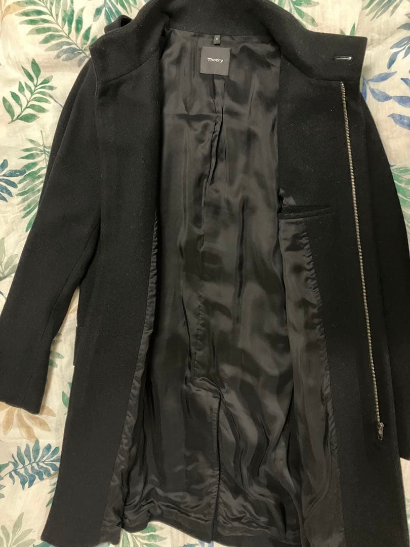 Theor セオリーロングコートウール100% フード付ブラックジップアップ