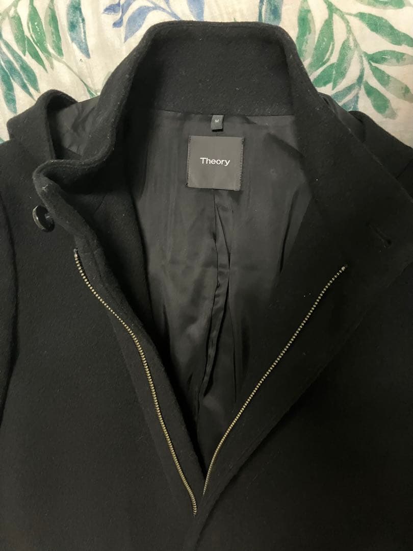 Theor セオリーロングコートウール100% フード付ブラックジップアップ