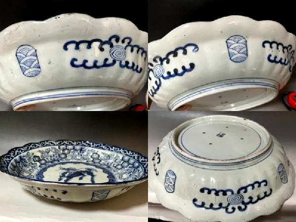 大皿■青華麒麟紋花弁型皿 染付花唐草 江戸期 古伊万里 古玩 時代物 骨董品■