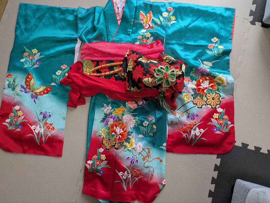 子供用 着物セット 七歳　フルセット　グリーン　七五三　はこせこセット