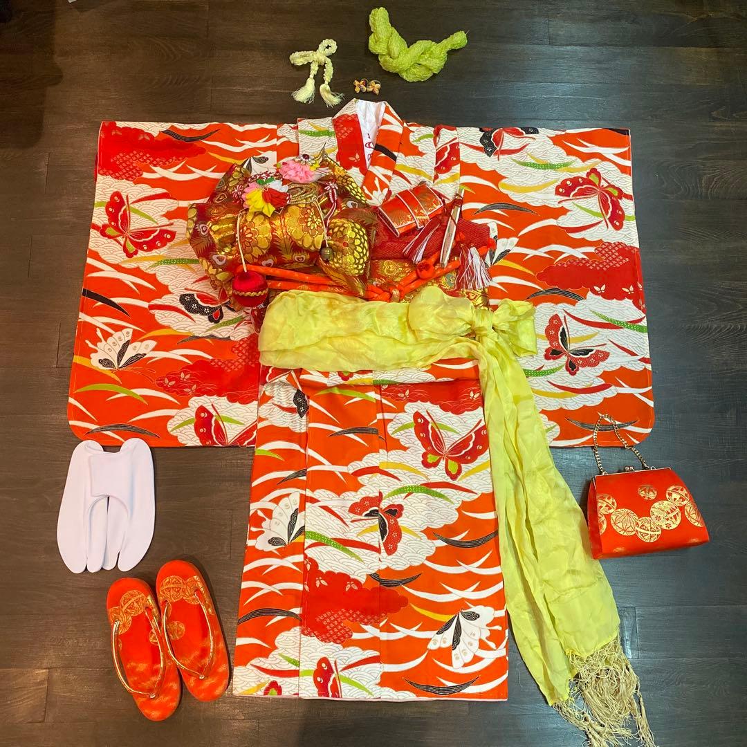 アンティーク 大正ロマン 七五三 七歳 着物 作り帯 小物一式 フルセット 蝶々
