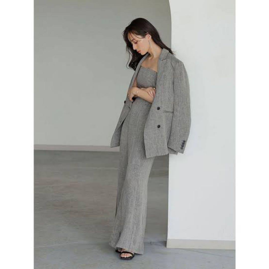【新品未使用】anuans ヘリンボーンリネンベアワイドオールインワン グレー