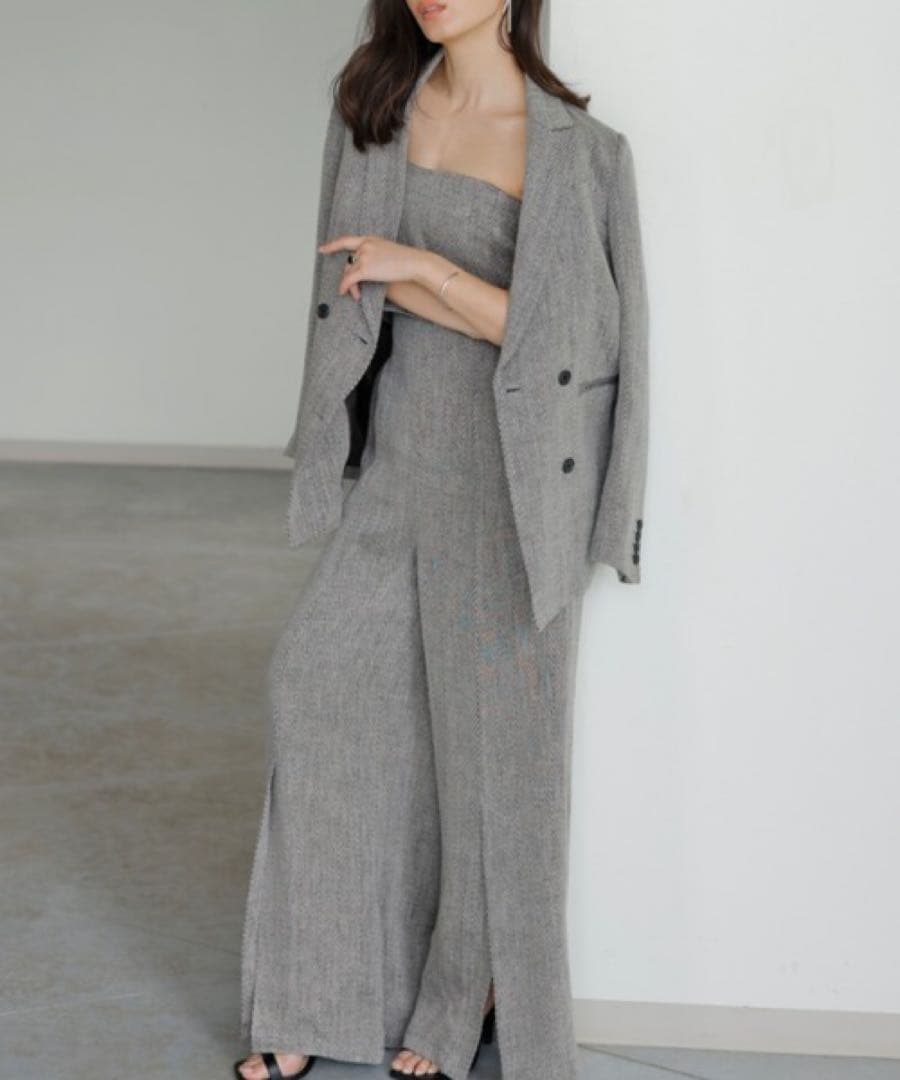 【新品未使用】anuans ヘリンボーンリネンベアワイドオールインワン グレー