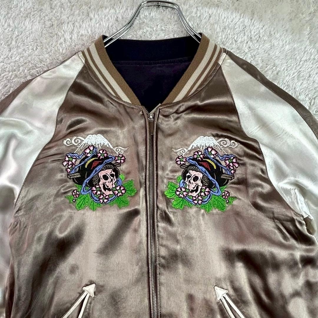 kuu 空 リバーシブル スカジャン 髑髏 鷹 富士 刺繍ベロア サテン L
