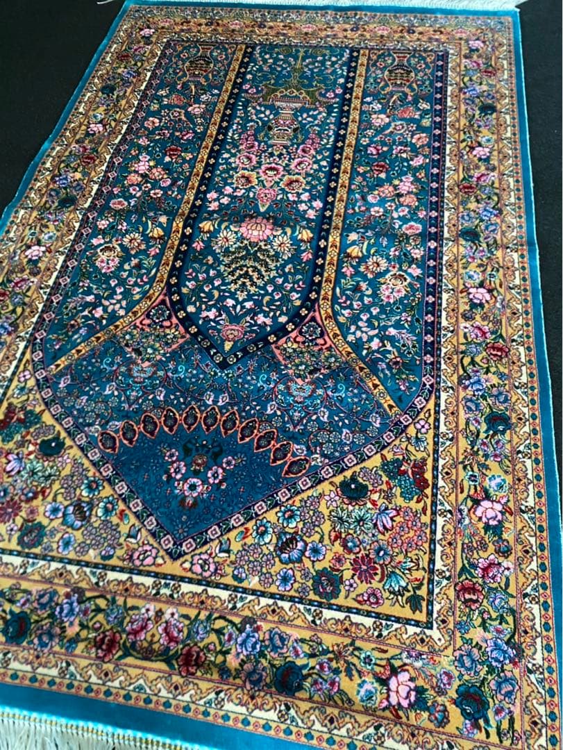 最高級作 ペルシャ絨毯 イラン クム産　シルク100% 手織り289万ノット　青
