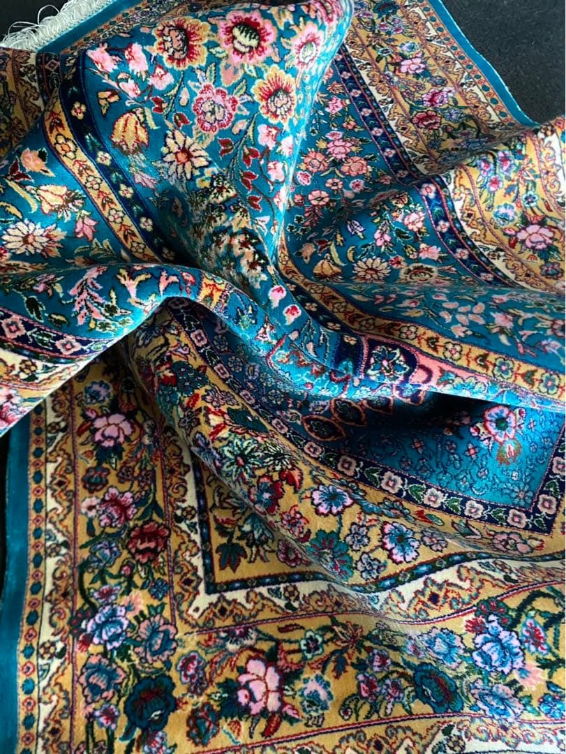 最高級作 ペルシャ絨毯 イラン クム産　シルク100% 手織り289万ノット　青