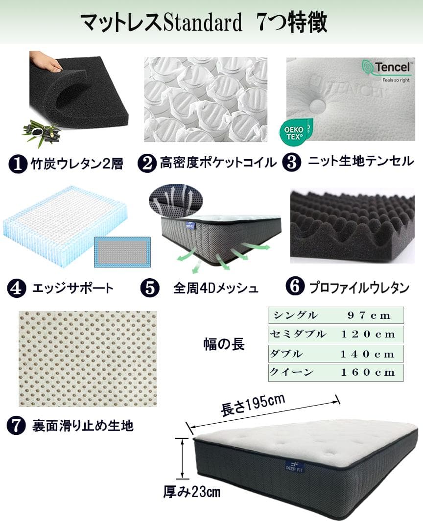 マットレスセミダブル 23cm やや硬め 通気 腰痛 体圧 Tencel生地