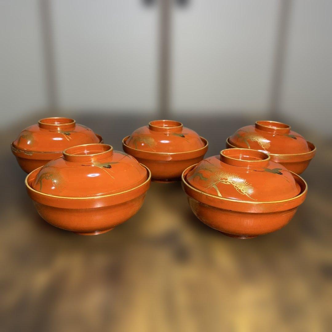 オレンジ色の金箔模様蓋つき煮物椀10個セット