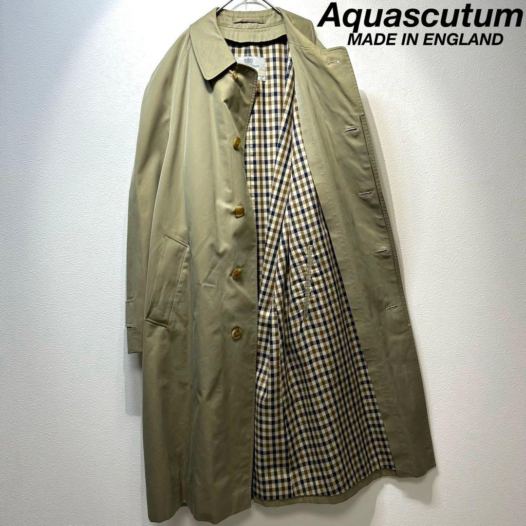 希少 アクアスキュータム 玉虫 チェック デザイン ステンカラーコート ベージュ