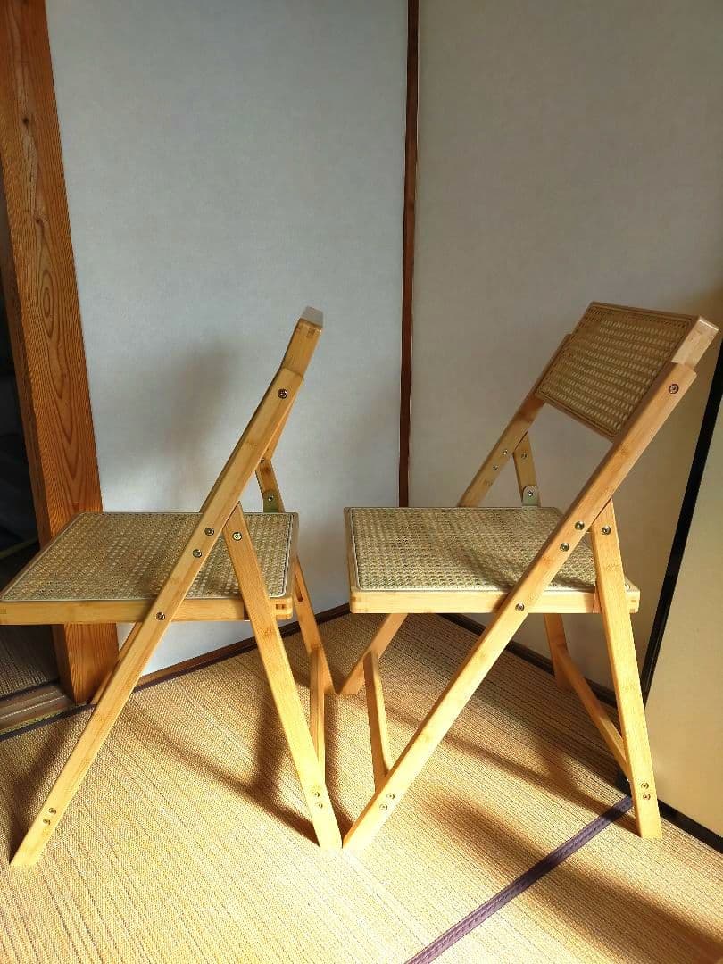 【美品】ラタンチェア 　折りたたみ　籐編み　椅子　木製　2脚