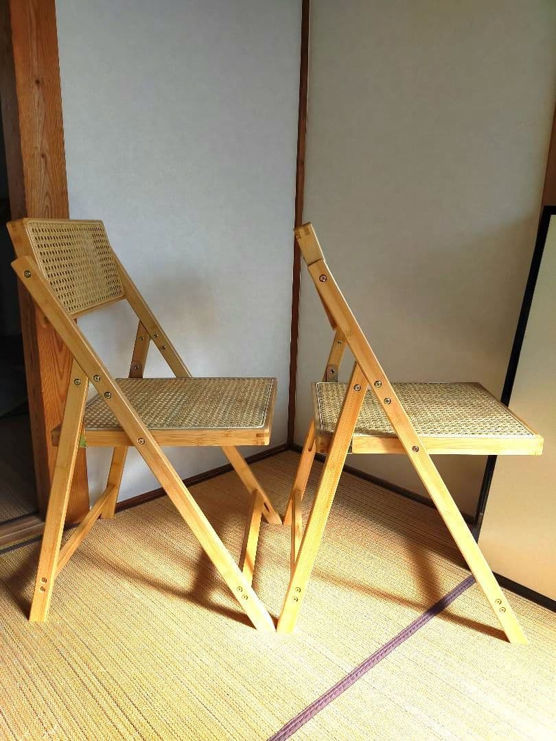【美品】ラタンチェア 　折りたたみ　籐編み　椅子　木製　2脚
