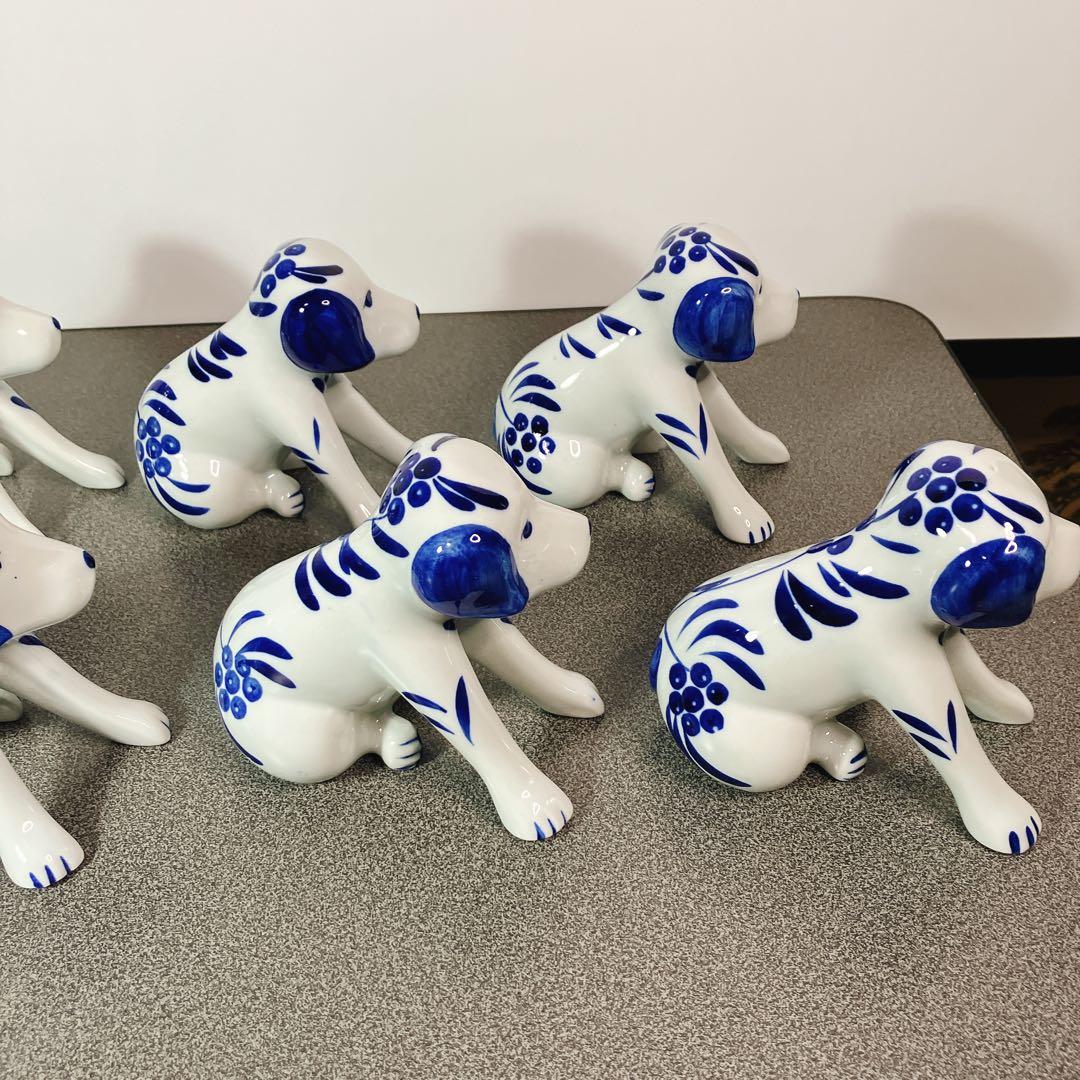 犬の兄弟 陶器 置物 青白 花柄 10体セット 表情違い 犬 ドッグ dog