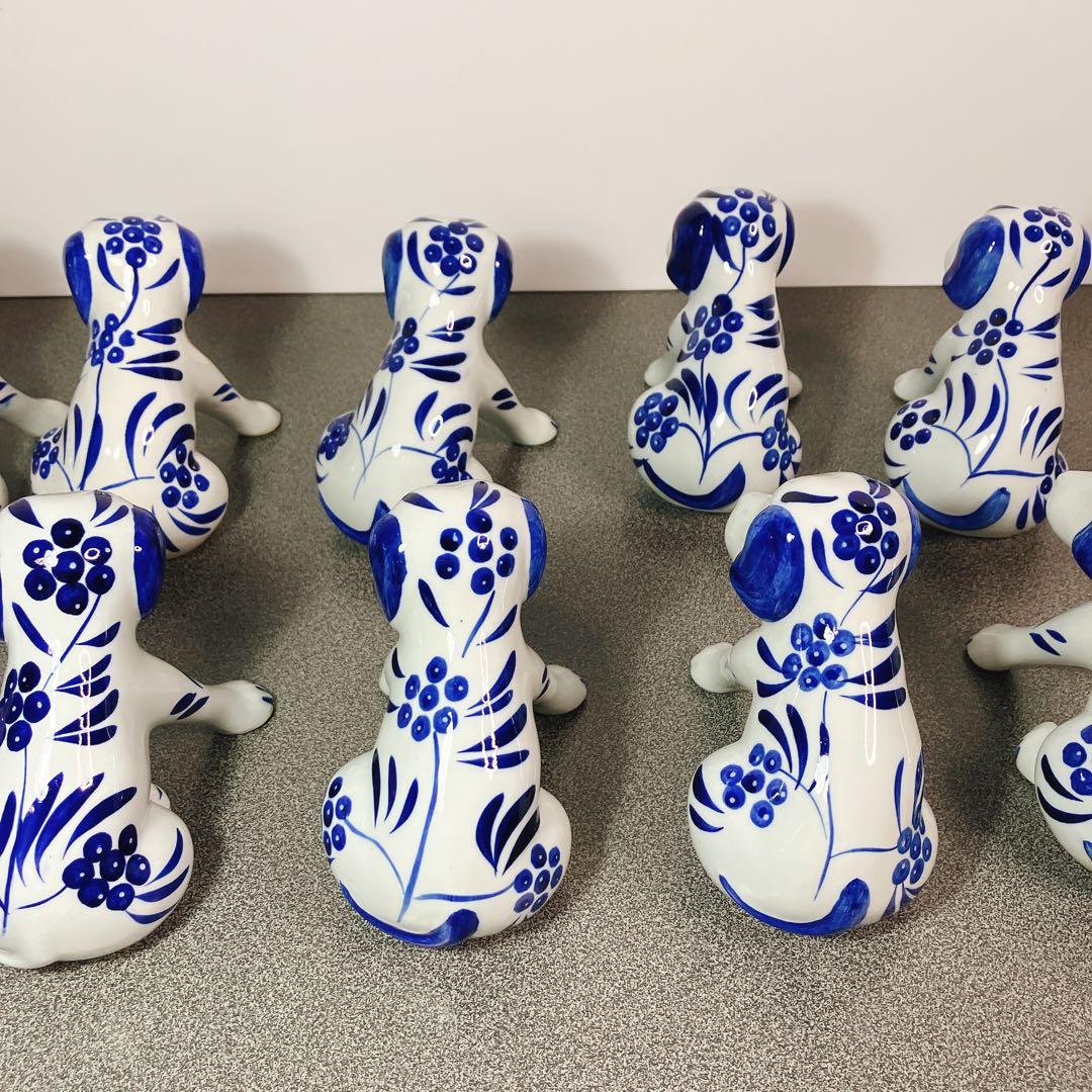 犬の兄弟 陶器 置物 青白 花柄 10体セット 表情違い 犬 ドッグ dog