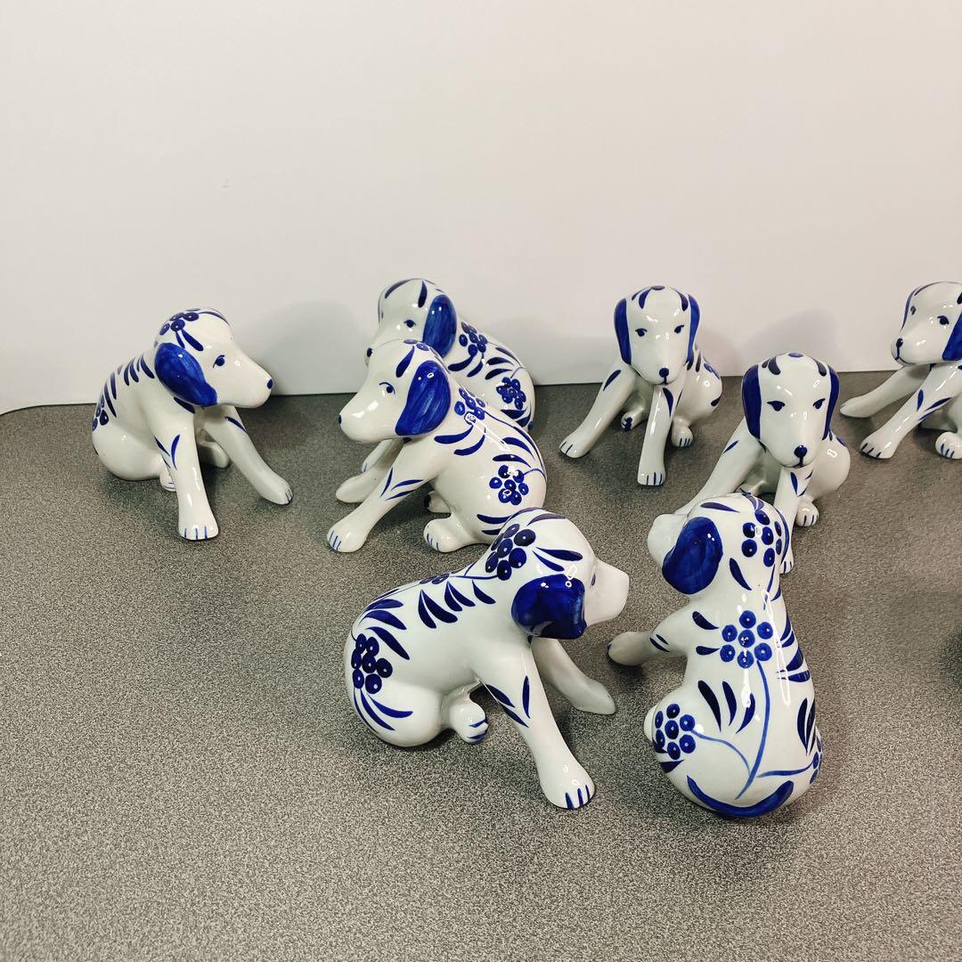 犬の兄弟 陶器 置物 青白 花柄 10体セット 表情違い 犬 ドッグ dog
