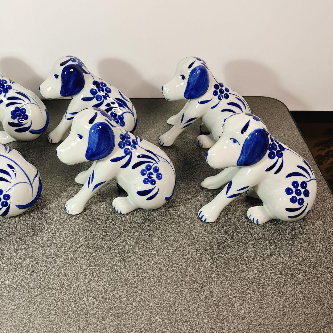犬の兄弟 陶器 置物 青白 花柄 10体セット 表情違い 犬 ドッグ dog