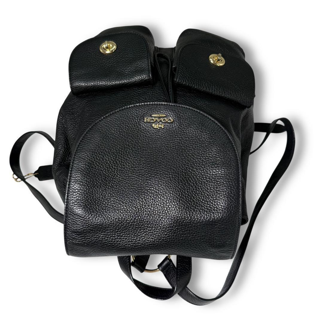 極美品 コーチ リュック バックパック レザー ブラック フラップ ターンロック