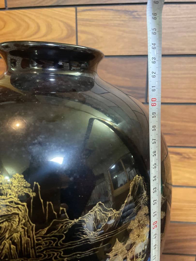 中国古玩　福建漆器 金彩画　大花瓶　台付