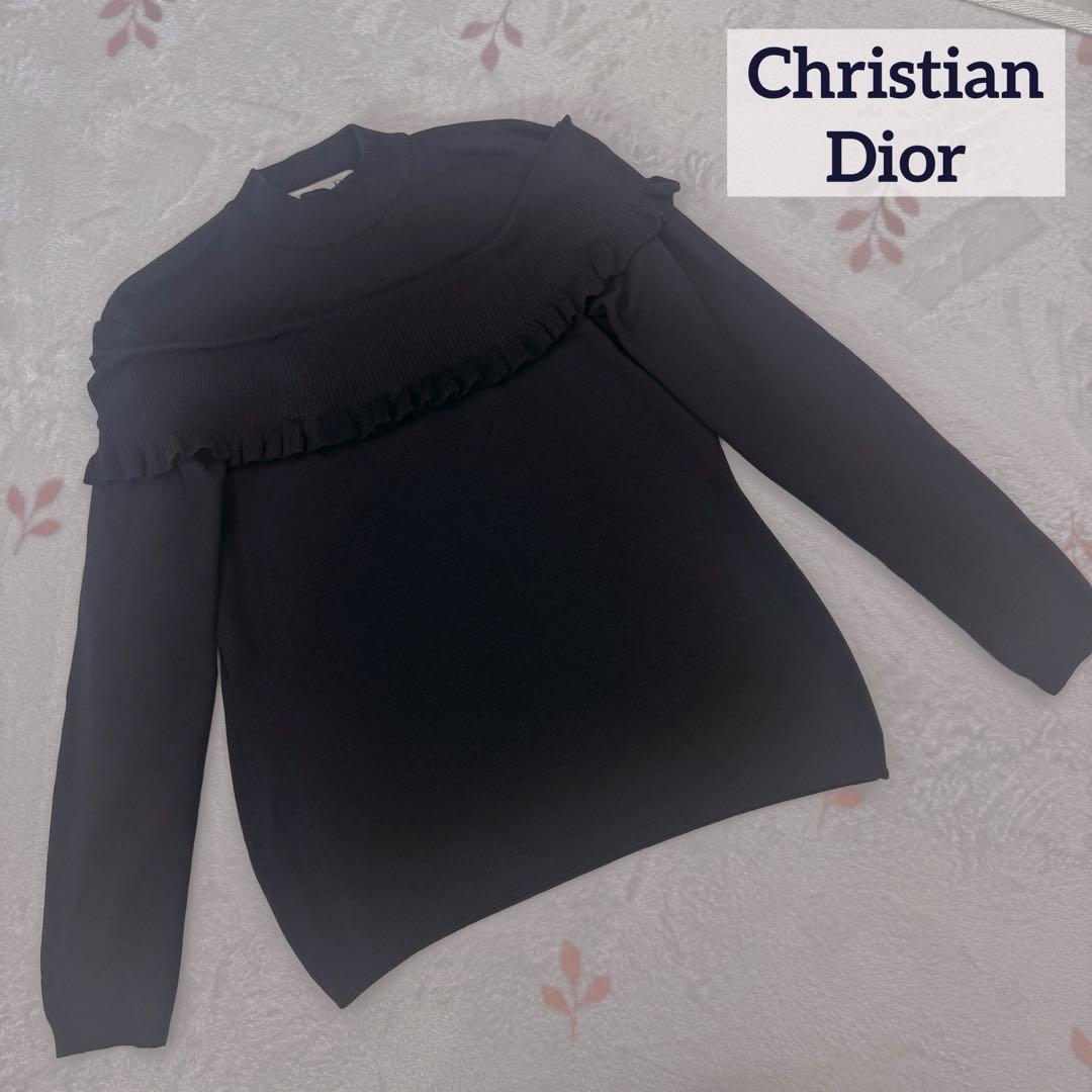 美品 Christian Dior ブラック フリル ニット セーター M 黒