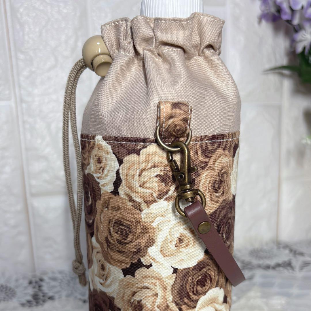 ペットボトルカバー　薔薇柄ブラウン系　本革持ち手　ハンドメイド