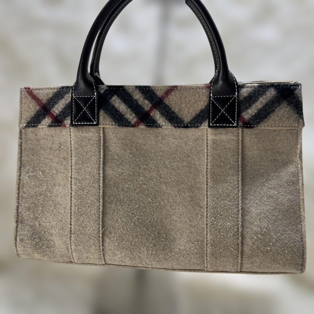 美品 BURBERRY バーバリー ノバチェック レザー ウール トートバッグ