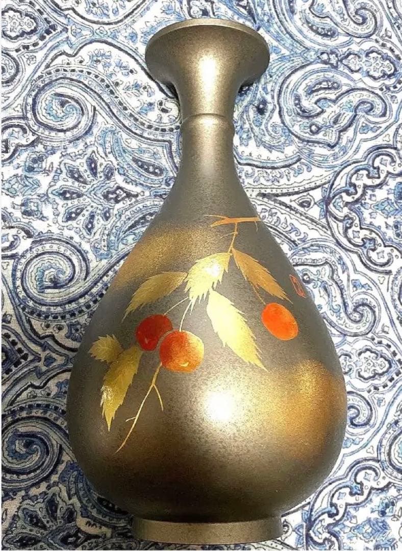 金運爆上げ　風水最高！山形限定品縦15cm最高級特殊朱銅製さくらんぼ花瓶　月山釜