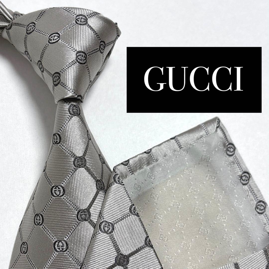 グッチ ネクタイ シルク GG柄 ジャカード 刺繍 ロゴ パターン グレー