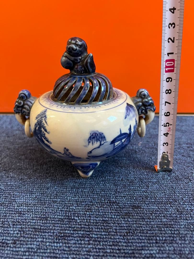 1414 九谷焼　染付風景　獅子香炉　時代物