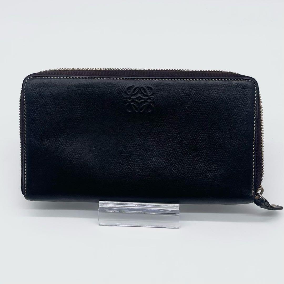 【極美品】LOEWE 長財布 レザー アナグラム 型押し ロゴ金具 ブラック