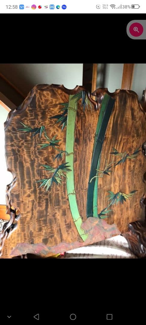 1枚板銘木衝立　鴛鴦、松、竹彫刻