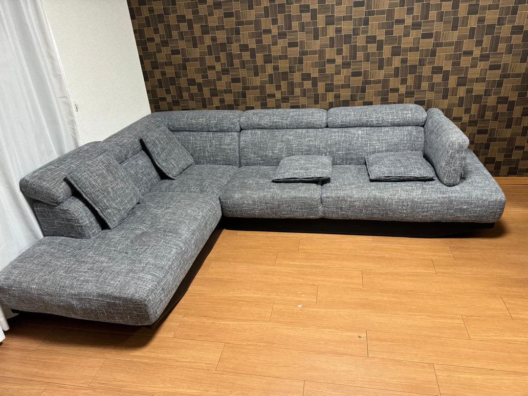 グレー L字型ファブリックソファ