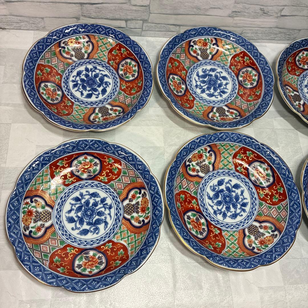 第一陶器 明宝窯 染錦 元禄古伊万里 中皿揃 和皿　輪花皿 金彩色絵