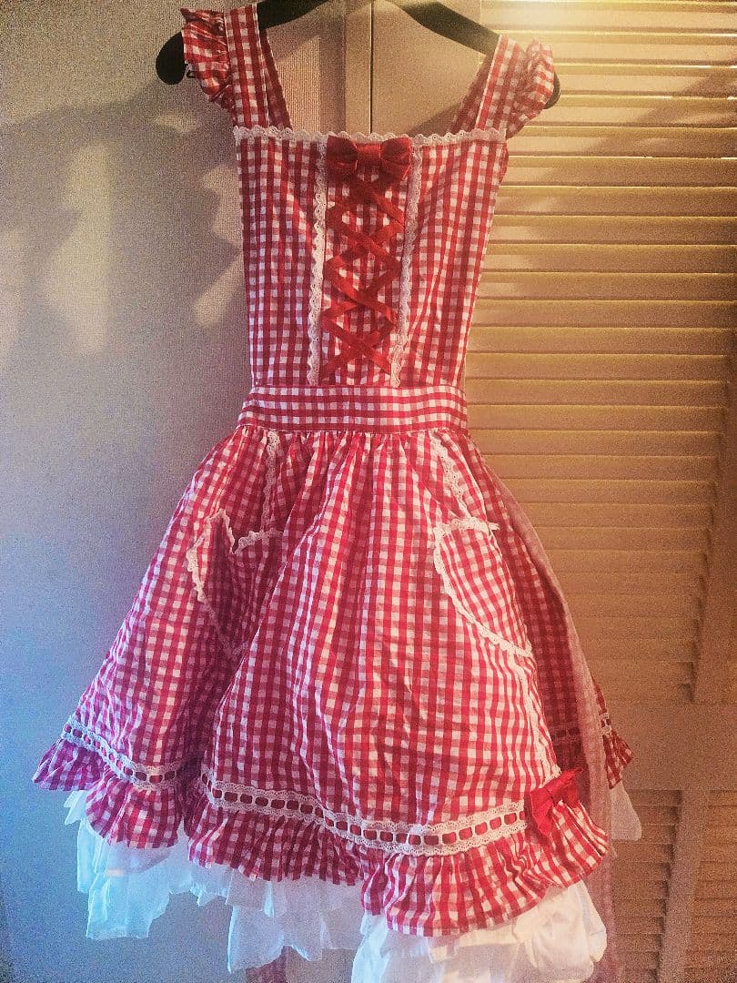 エプロンドレス　Angelic pretty ロリータ　後ろバッスル　赤ギンガム