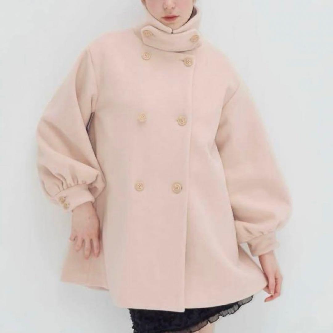 【MUGUET】美品 スタンドカラー ミディ コート ピンク ハイネック フレア
