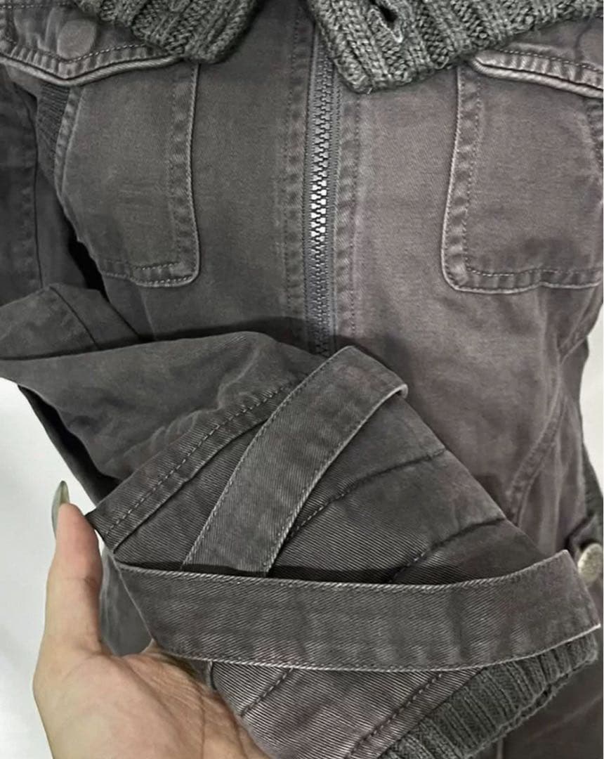 ミリタリー風 ジャケット ハイネック ニット襟付き グレー 秋冬　y2k 平成