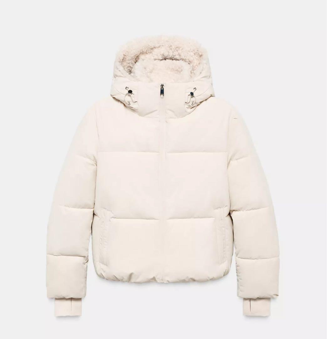 【ZARA】ザラ M フェイクシープスキンフード付き撥水ウィンドブレーカー 白