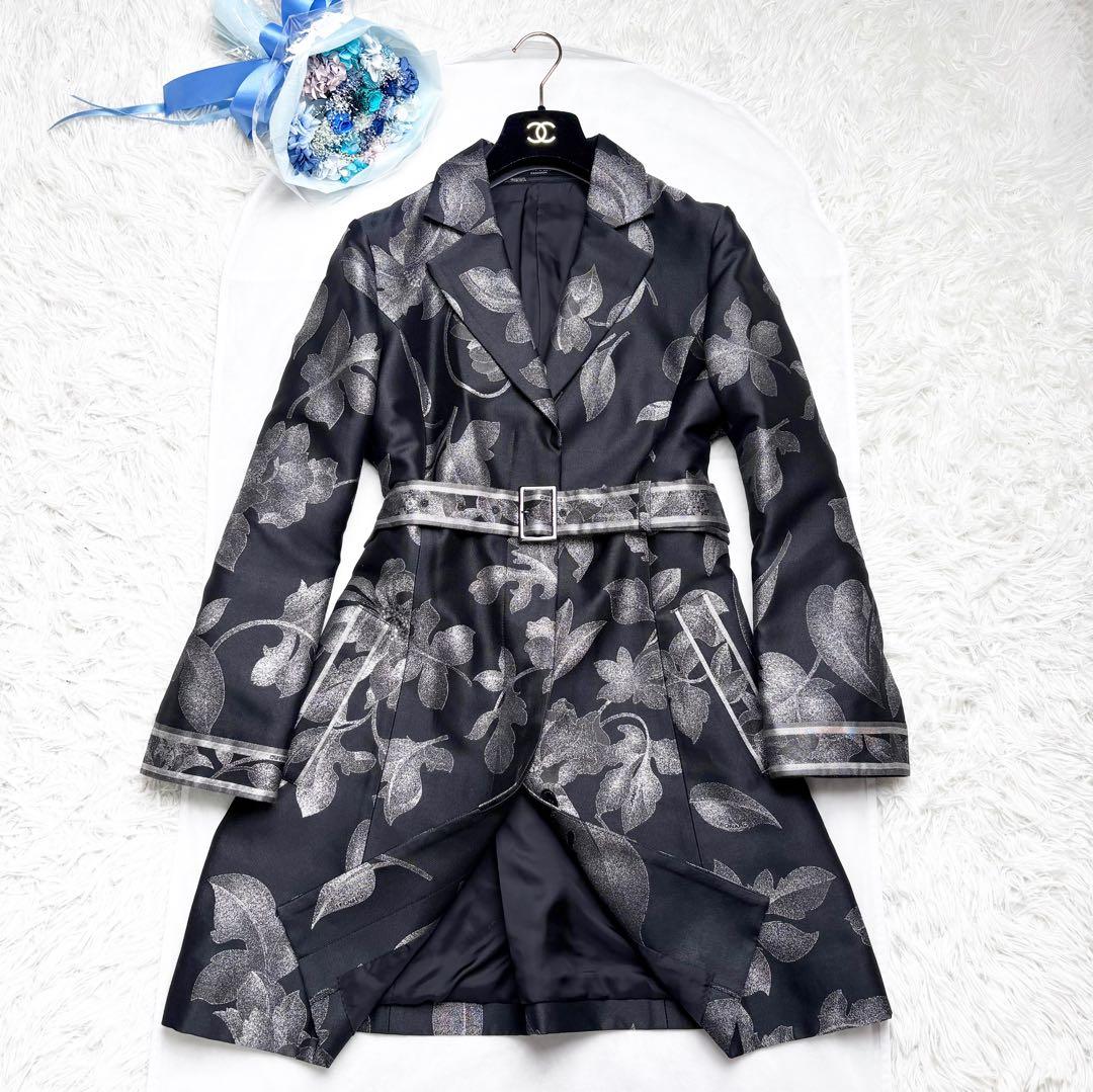 レオナール シルク混 ロングコート 花柄総柄 トリム ベルト 比翼ボタン 42