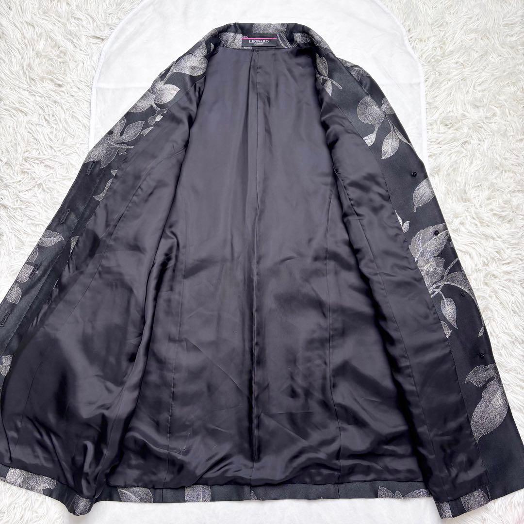 レオナール シルク混 ロングコート 花柄総柄 トリム ベルト 比翼ボタン 42