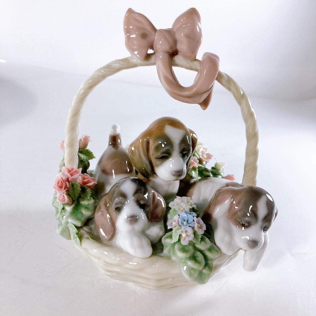 【絶版】リヤドロ 三つ子の子犬　　花・かご・子犬・犬・バスケット　|1506|