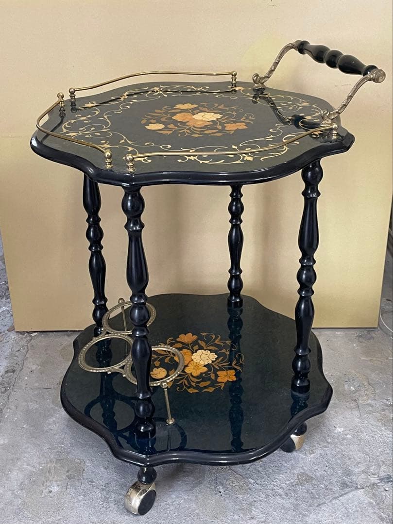 イタリー製 サービスワゴン 二段式サイドテーブル 象嵌 アンティーク