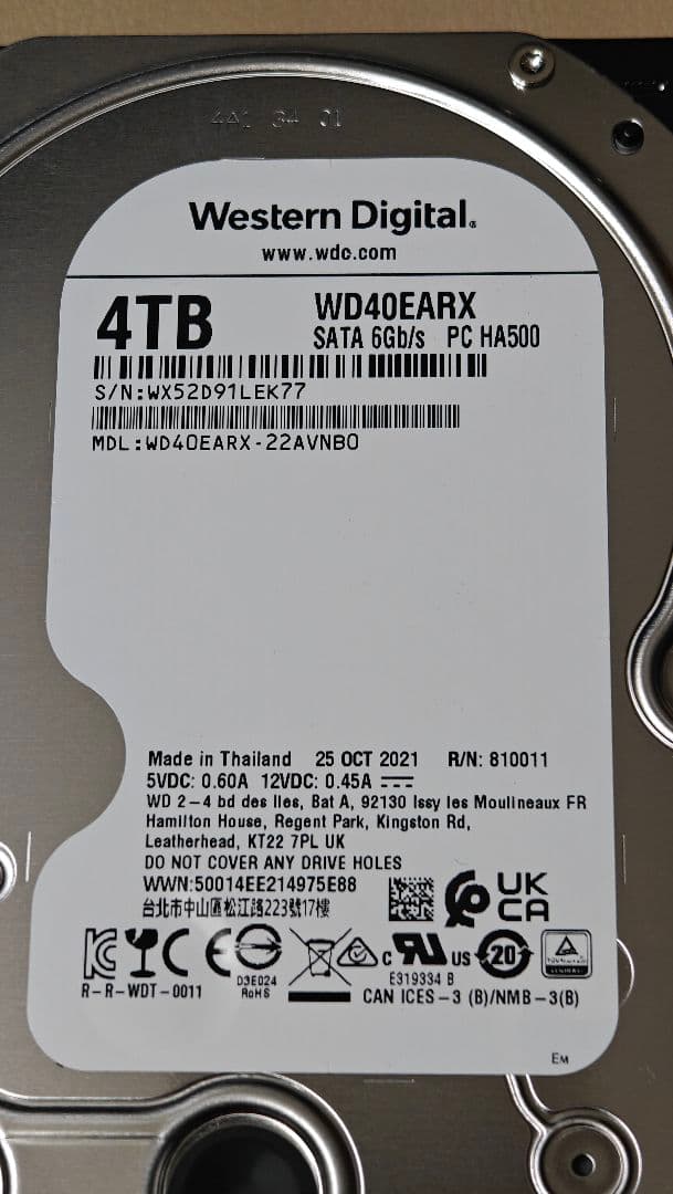 ★中古品★Western Digital 4TB HDD WD40EARX