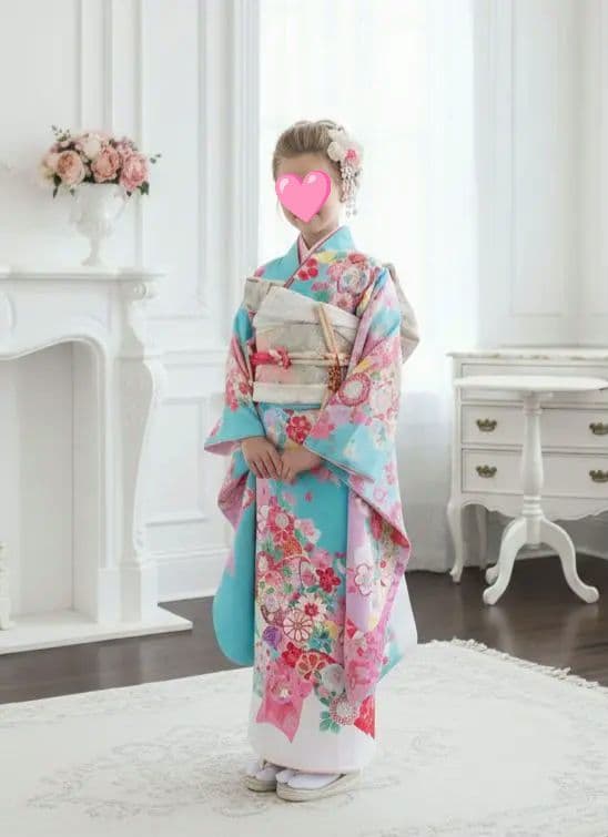 ☆白ブルーピンクに束ね熨斗の着物とキラキラ作り帯☆七五三７歳