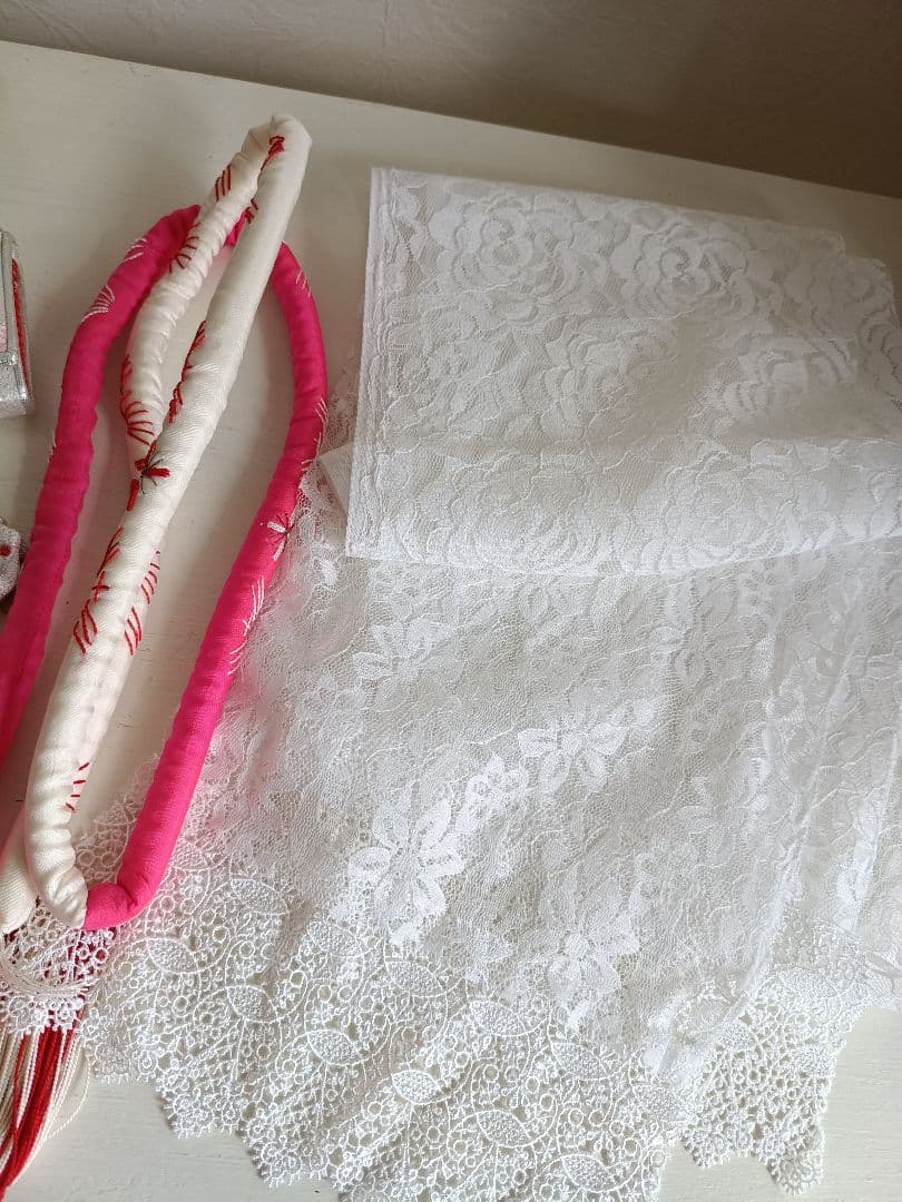 ☆白ブルーピンクに束ね熨斗の着物とキラキラ作り帯☆七五三７歳