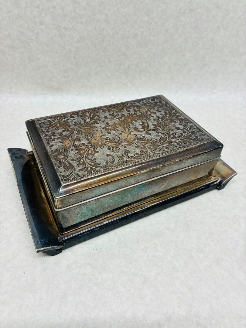 D0104）銀製品 銀縁唐木煙草盆一式 ボンボニエール シガレットケース 煙草盆