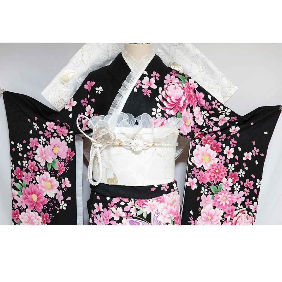 振袖7点セット■トールサイズ174cm帯新品帯締め花フルセット黒成人式BS34