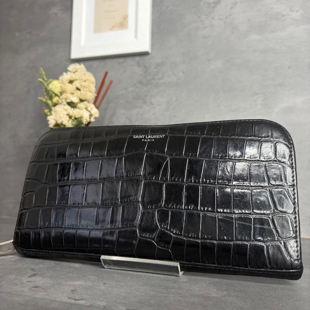 【希少】サンローラン ラウンドファスナー 長財布 クロコダイル型押し メンズ