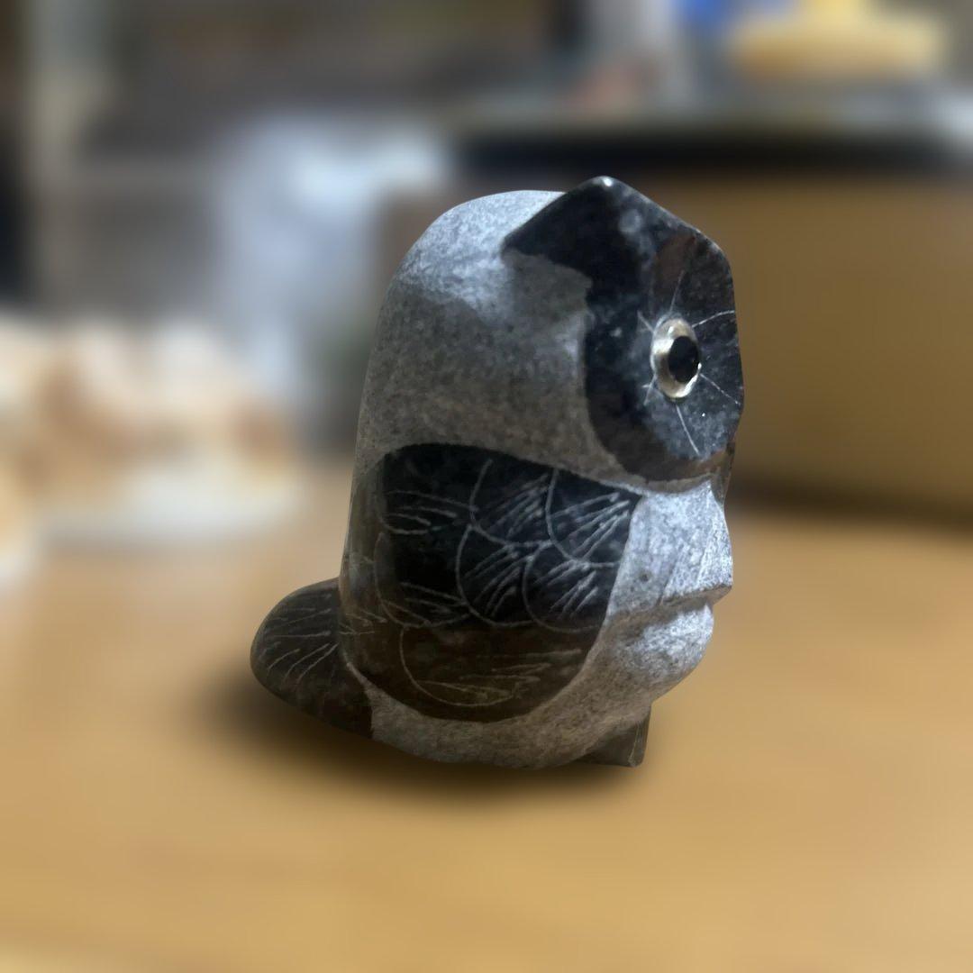 御影石の置物 黒と灰色　フクロウ　レア物　縁起