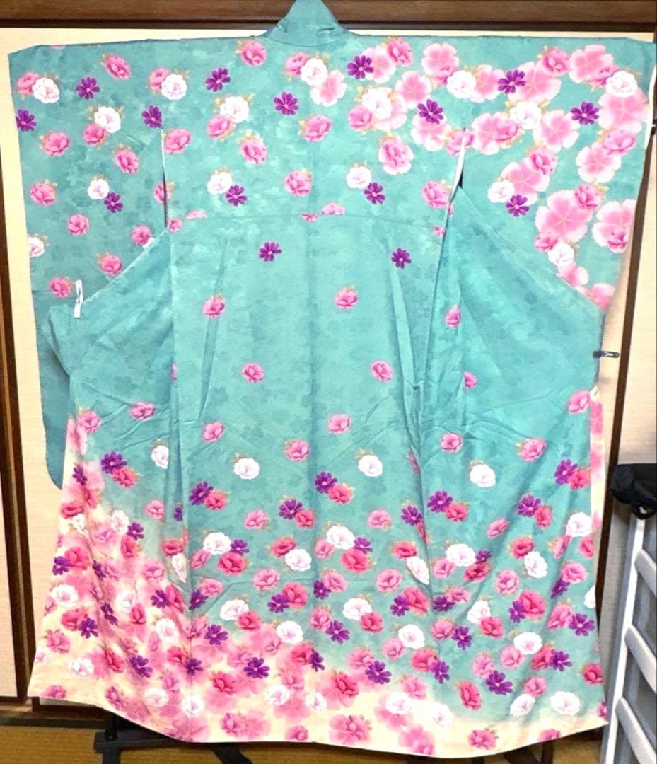 まな 新橋色 菊 牡丹 振袖 身丈157