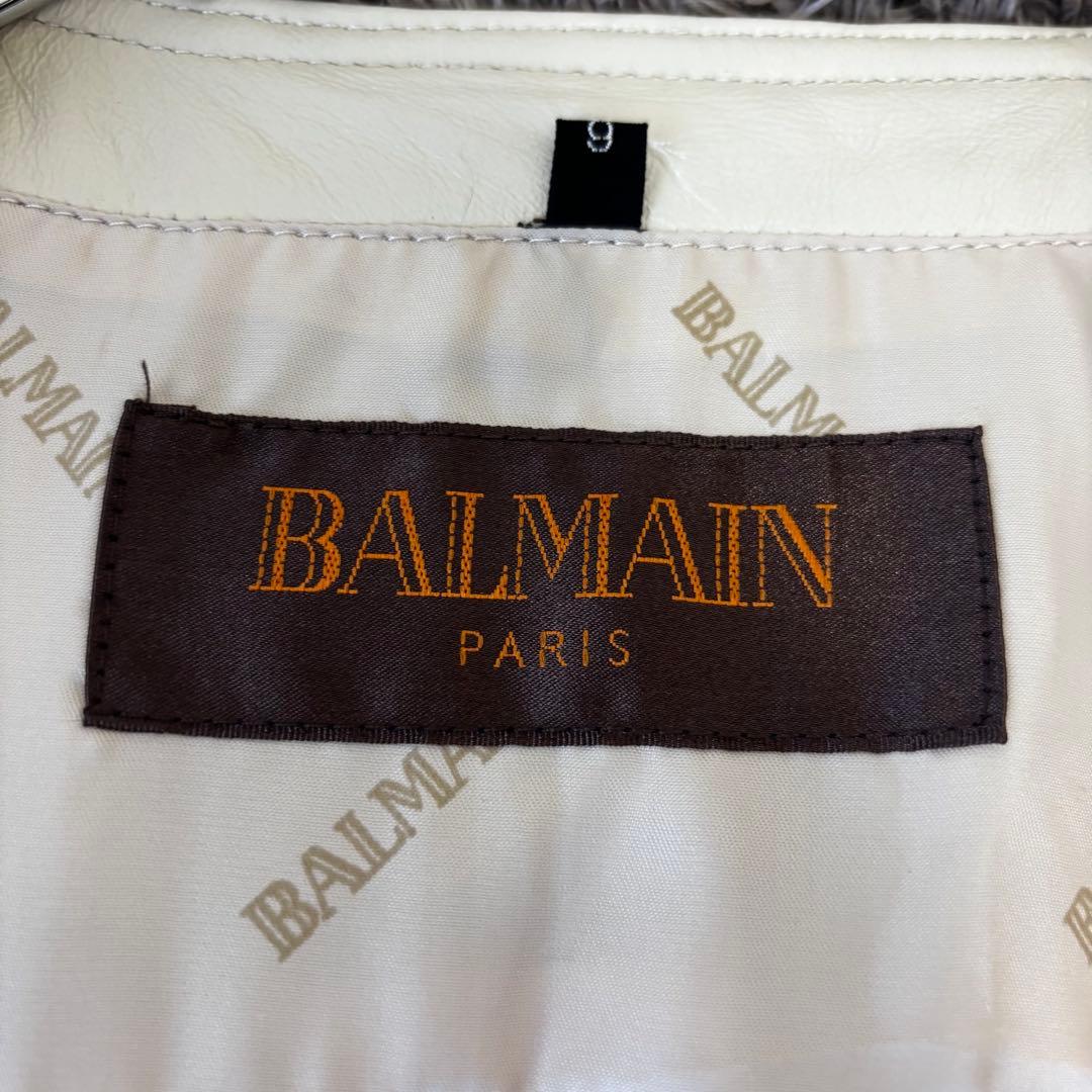 BALMAIN✨ノーカラーラムレザージャケット　アイボリー　シルバージップ　総柄