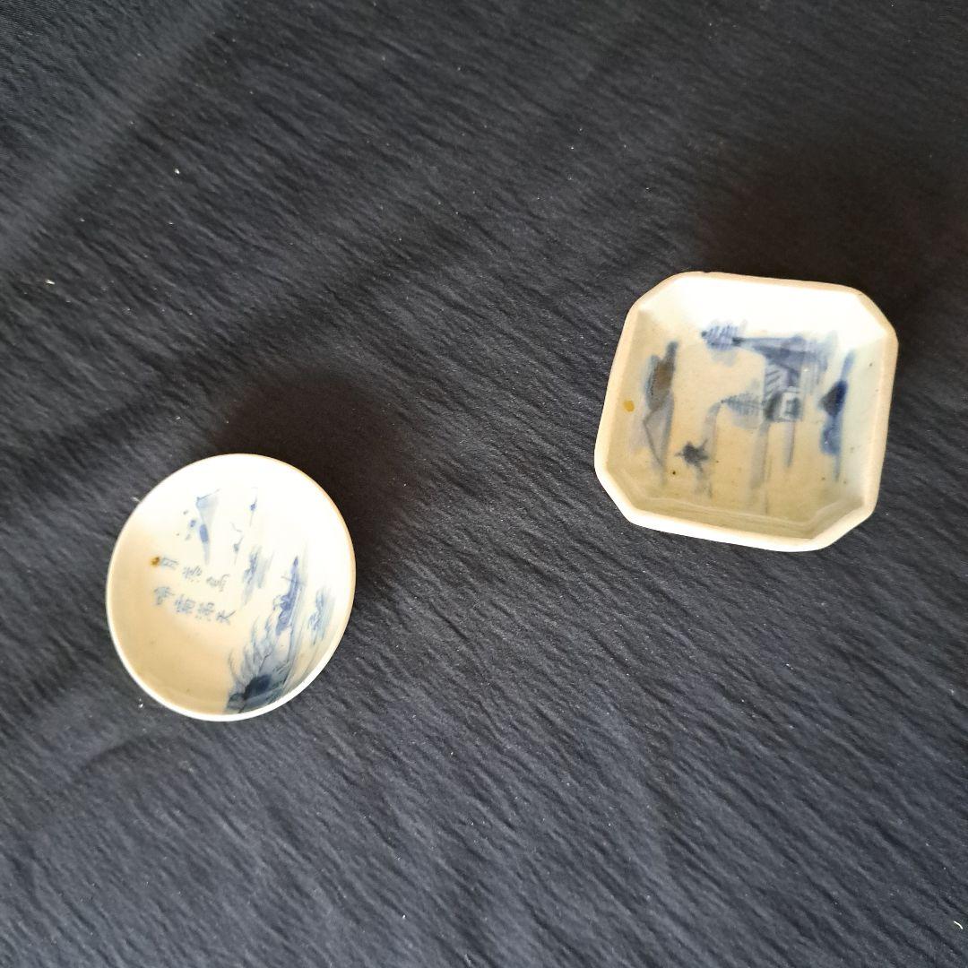「月落ち烏啼く……漢詩が豆皿に！(豆皿を愉しむ⑬)」古伊万里皿2客セット 骨董ア