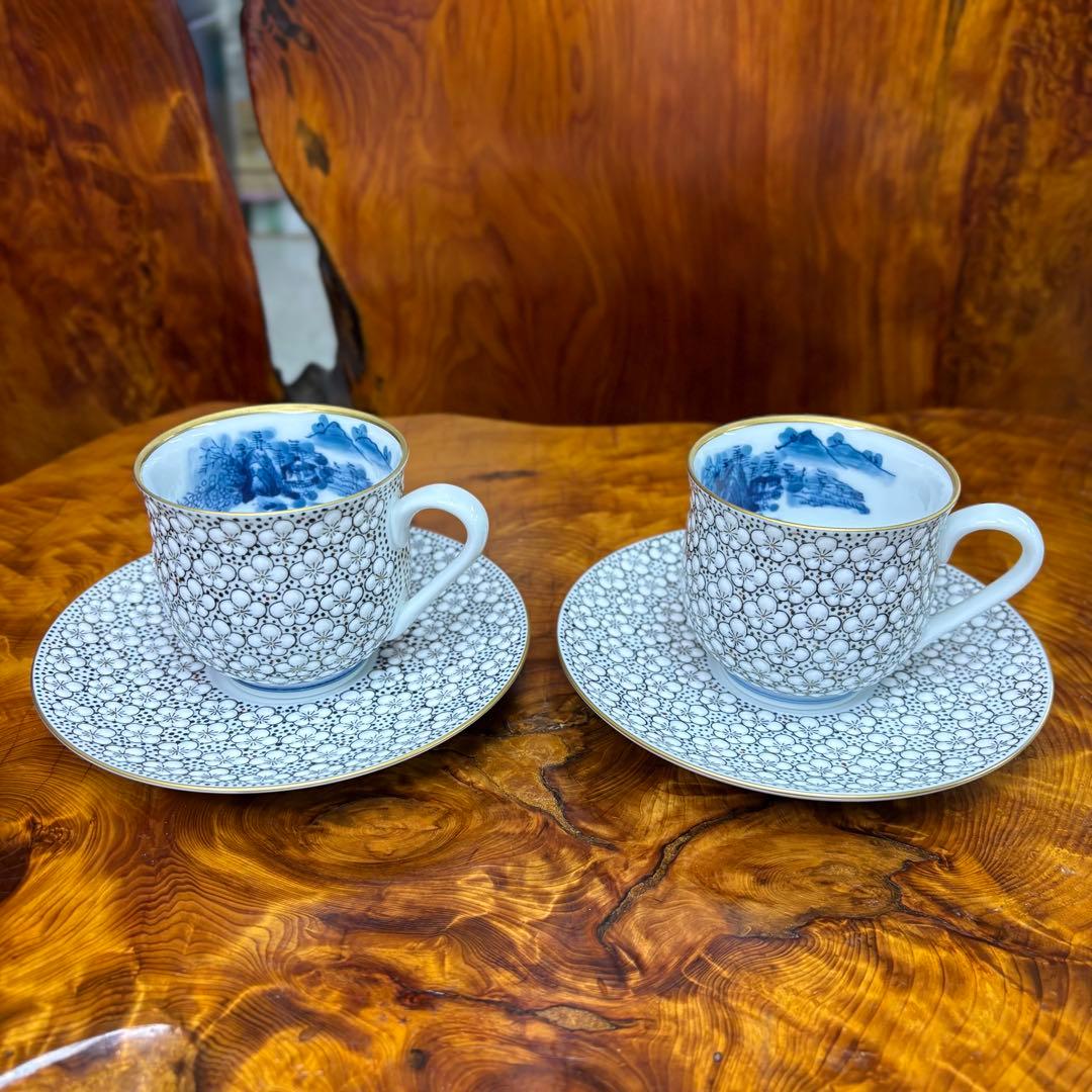 伊万里焼 畑萬陶苑 極細梅詰 コーヒーカップ&ソーサー　ペア　内絵　染付山水